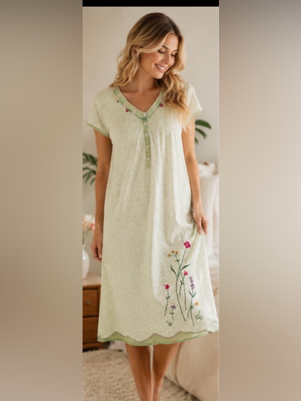 100% Cotton Light Green Floral Embroidered Nightgown/Dress size large